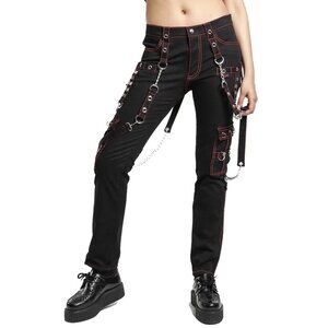 Gothic Women's Military Officer Trousers Black Red Black Rhinestones Gothic Pant